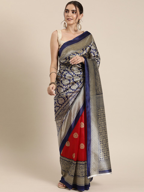 

GoSriKi Navy Blue & Red Art Silk Printed Half & Half Saree