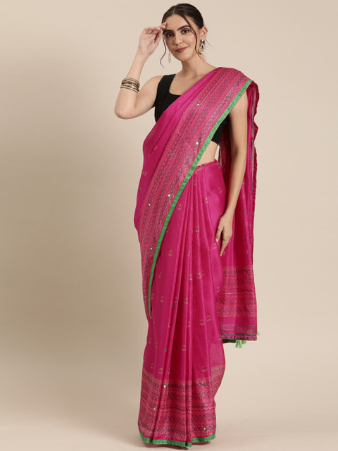 

GoSriKi Pink Embroidered Jute Silk Saree