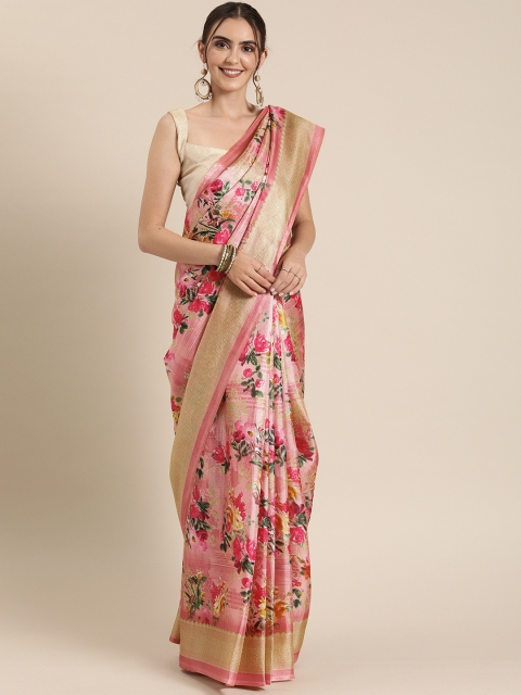 

GoSriKi Pink & Green Art Silk Floral Printed Saree