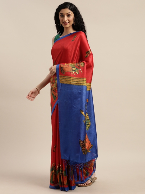 

GoSriKi Red & Blue Art Silk Kalamkari Printed Saree