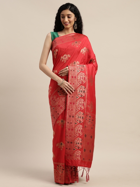 

GoSriKi Coral & Gold-Toned Art Silk Woven Design Saree
