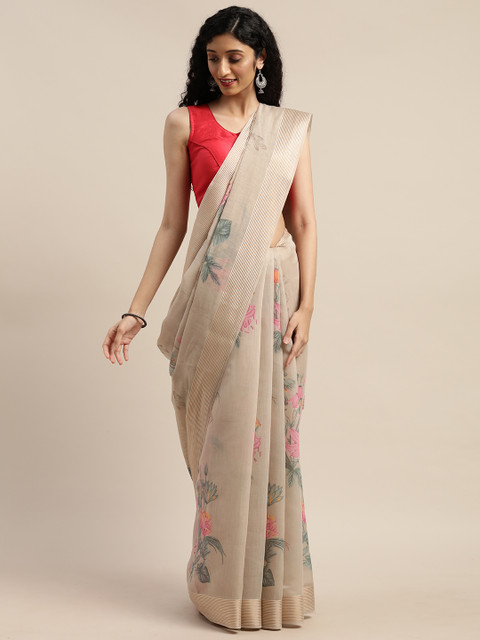 

GoSriKi Beige & Pink Linen Blend Printed Saree