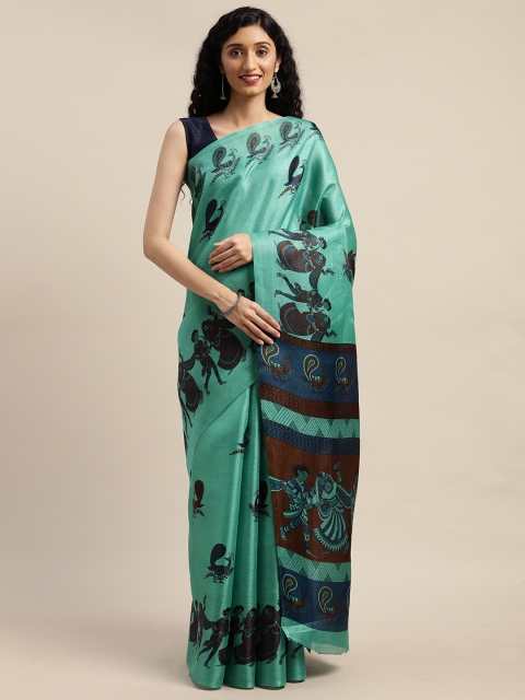 

GoSriKi Green & Blue Silk Blend Printed Saree