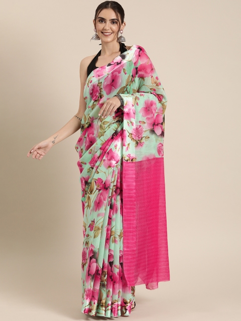 

GoSriKi Sea Green & Pink Linen Blend Floral Printed Saree