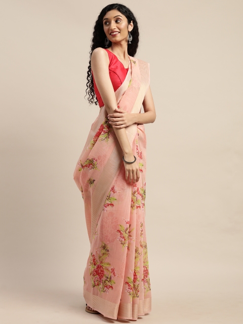 

GoSriKi Pink & Green Linen Blend Printed Saree