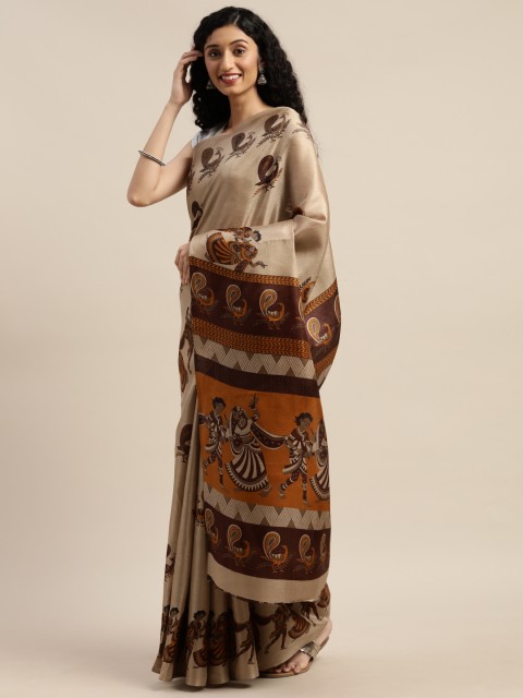 

GoSriKi Beige & Brown Silk Blend Printed Saree