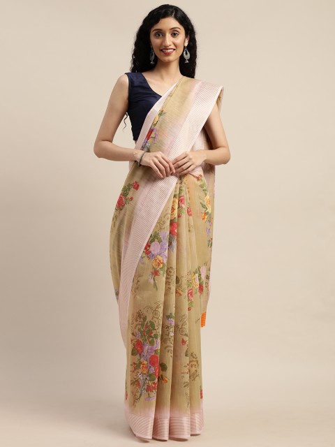 

GoSriKi Beige & Red Linen Blend Floral Printed Saree