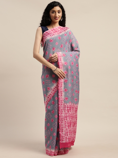 

GoSriKi Grey & Pink Linen Blend Printed Saree
