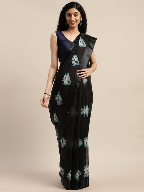 

GoSriKi Black & Blue Linen Blend Printed Saree