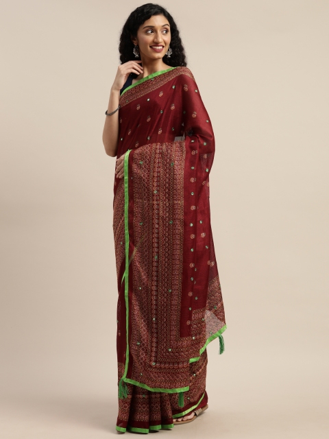 

GoSriKi Maroon & Green Jute Silk Printed Saree
