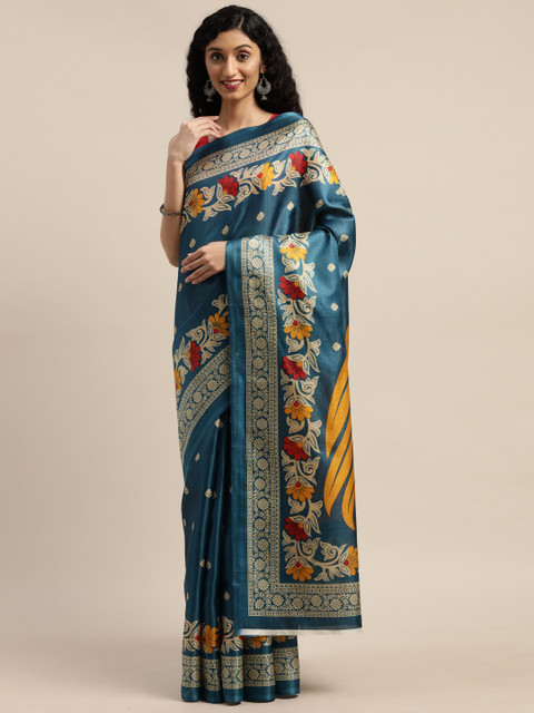 

GoSriKi Teal Blue & Beige Art Silk Printed Saree