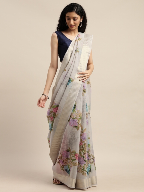 

GoSriKi Grey & Purple Linen Blend Printed Saree