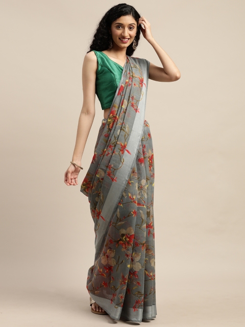 

GoSriKi Grey & Orange Linen Blend Printed Saree