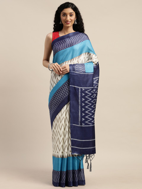 

GoSriKi Off-White & Blue Art Silk Printed Saree