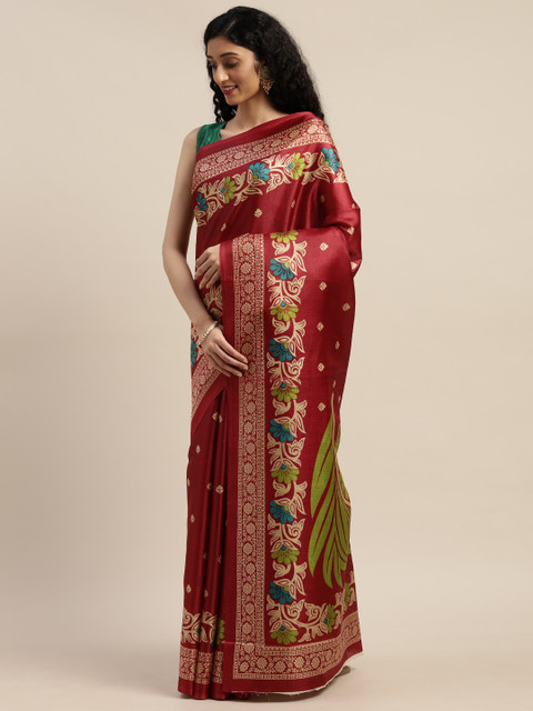 

GoSriKi Maroon & Beige Art Silk Printed Saree