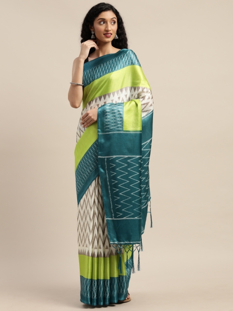 

GoSriKi Off-White & Green Art Silk Chevron Printed Saree