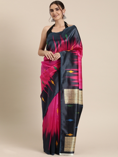 

GoSriKi Pink & Navy Blue Art Silk Printed Saree