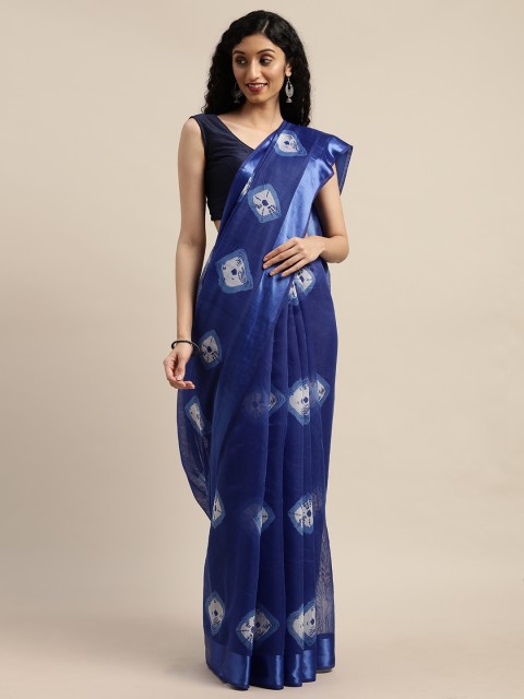 

GoSriKi Blue & White Linen Blend Printed Saree