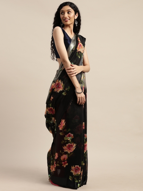 

GoSriKi Black & Pink Linen Blend Floral Printed Saree