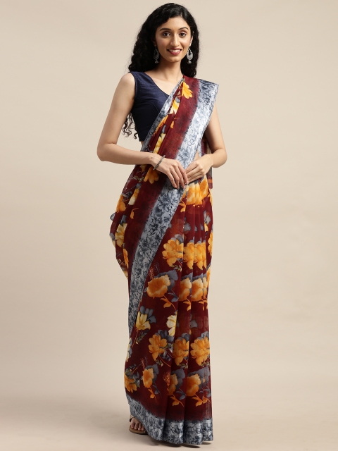 

GoSriKi Burgundy & Yellow Linen Blend Floral Printed Saree