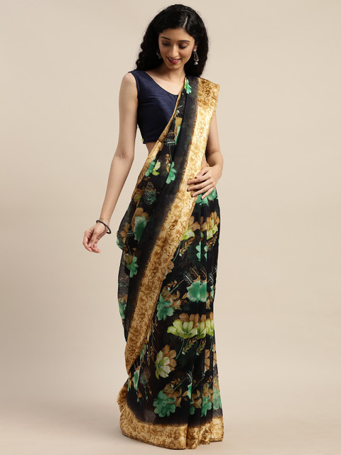 

GoSriKi Black & Green Linen Blend Printed Saree