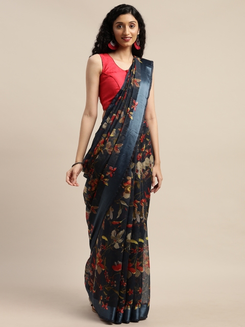 

GoSriKi Navy Blue & Orange Linen Blend Printed Saree