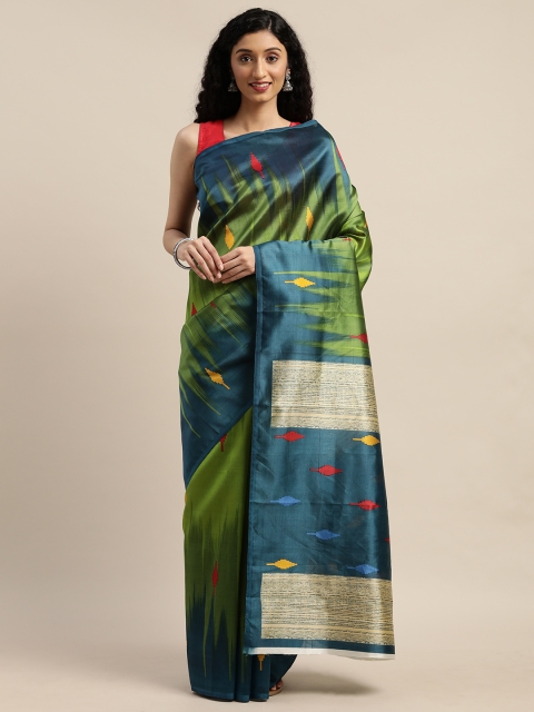 

GoSriKi Green & Teal Blue Art Silk Printed Saree