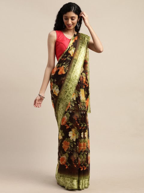 

GoSriKi Coffee Brown & Orange Linen Blend Printed Saree