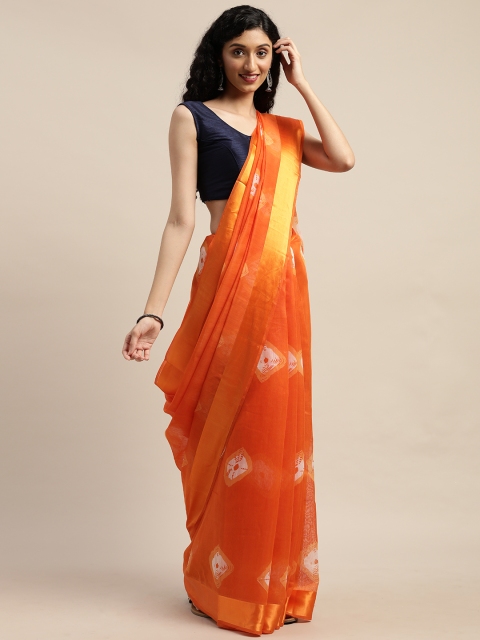 

GoSriKi Orange & White Linen Blend Printed Saree