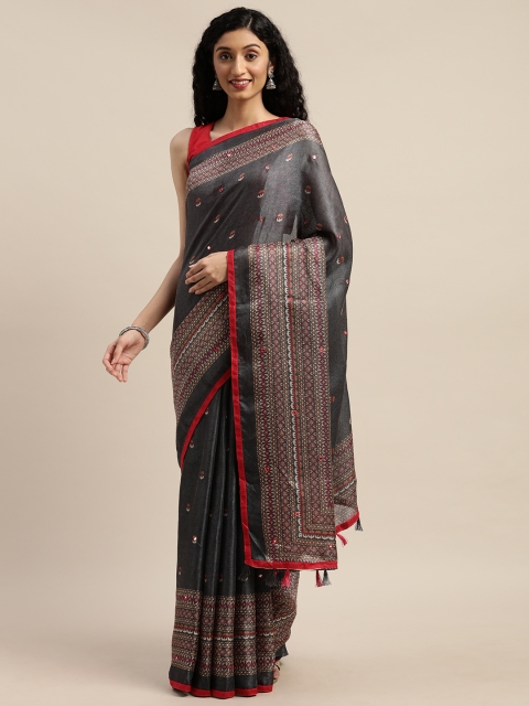 

GoSriKi Charcoal Grey Embroidered Jute Silk Saree