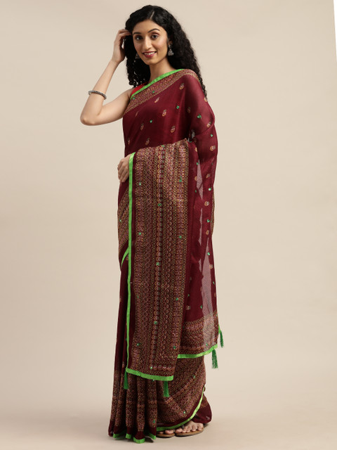 

GoSriKi Burgundy Embroidered Jute Silk Saree