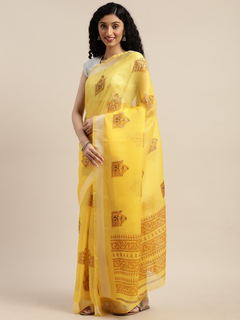 

GoSriKi Yellow & Brown Art Silk Printed Saree