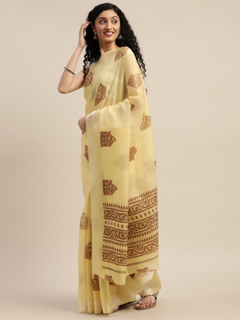 

GoSriKi Yellow & Brown Art Silk Printed Saree