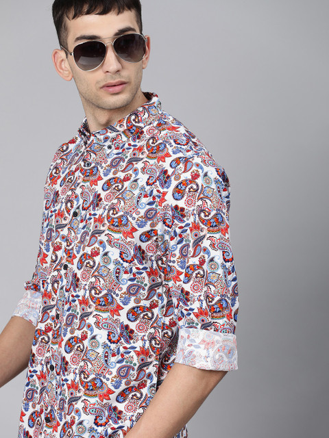 

THE BEAR HOUSE Men White & Rust Red Slim Fit Paisley Printed Casual Shirt