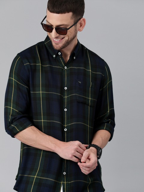 

THE BEAR HOUSE Men Green & Navy Blue Slim Fit Checked Casual Shirt