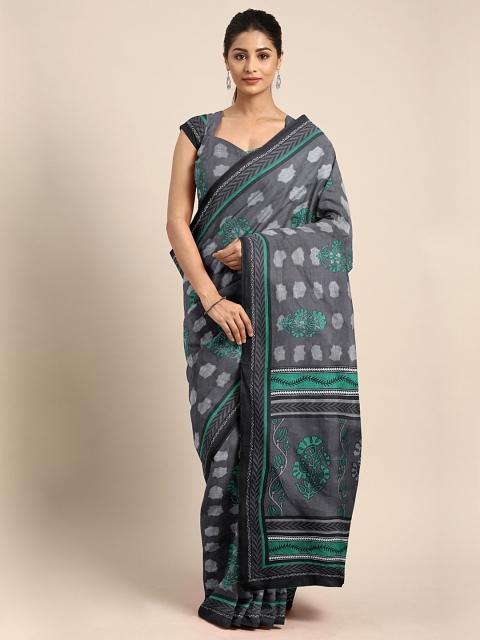 

KALINI Grey & Green Pure Cotton Printed Saree
