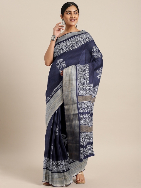 

KALINI Navy Blue & White Linen Blend Embroidered Saree