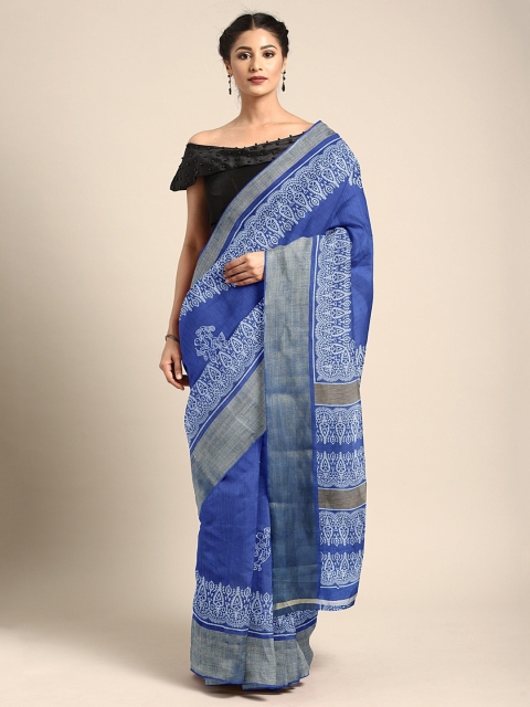 

KALINI Blue & White Linen Blend Printed Saree