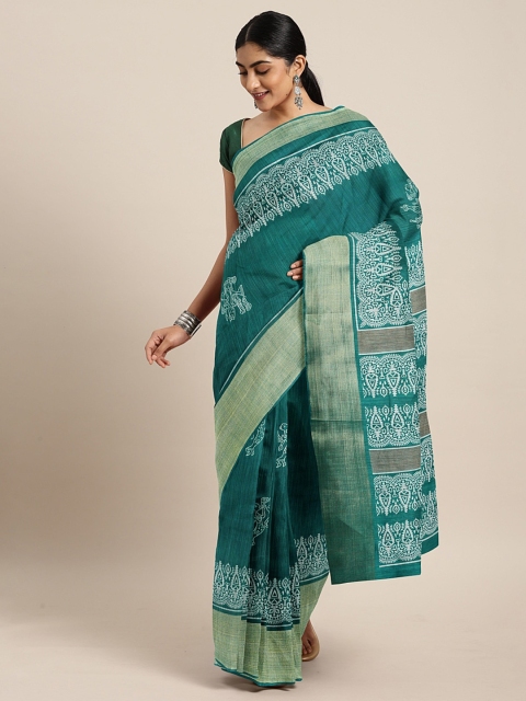 

KALINI Blue & White Linen Blend Printed Saree