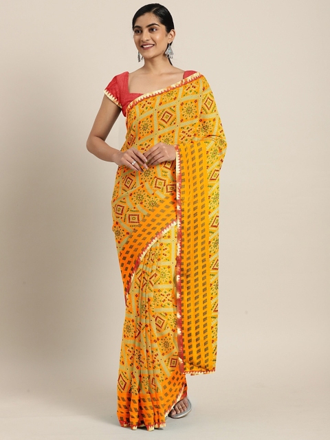 

KALINI Yellow & Green Pure Chiffon Bandhani Printed Saree