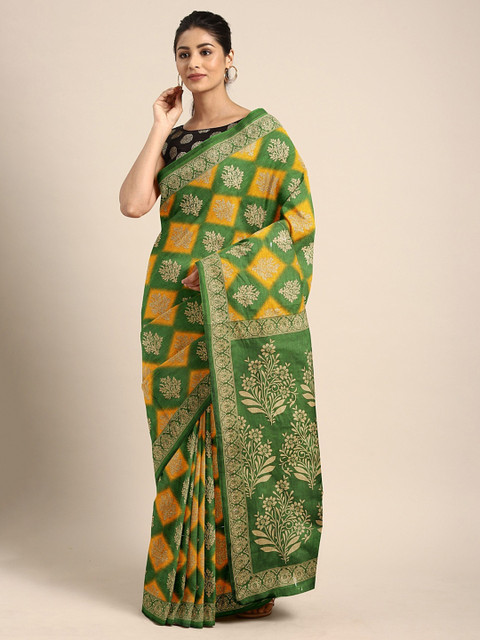 

KALINI Green & Yellow Pure Cotton Printed Saree