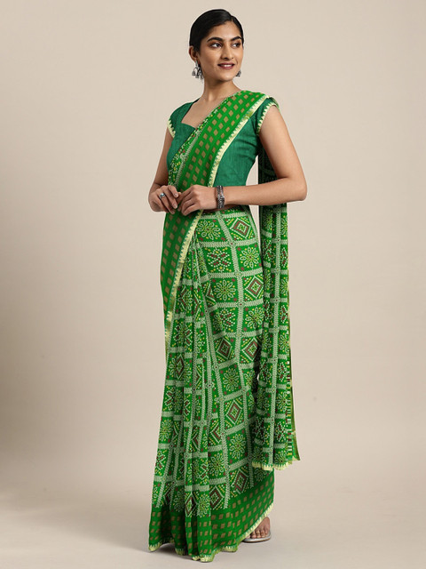 

KALINI Green & Off-White Pure Chiffon Bandhani Printed Saree