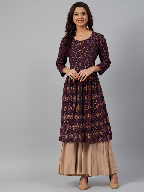 

Meeranshi Women Burgundy & Golden Printed Anarkali Kurta