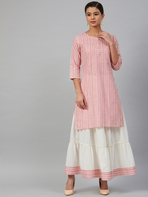 

Meeranshi Women Pink & White Screen Print Striped Kurta with Skirt