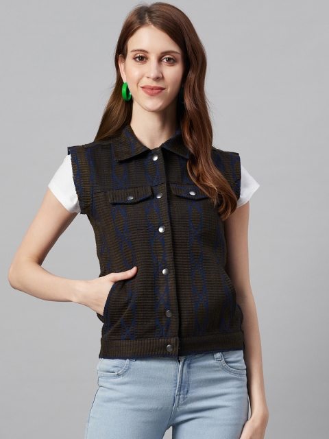 

I AM FOR YOU Women Olive Brown Self Design Cotton Tailored Jacket