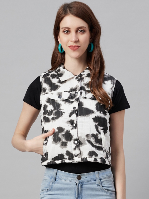 

I AM FOR YOU Women White & Black Animal Print Cotton Lightweight Padded Jacket