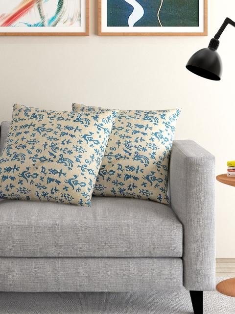 

RANGDESI Beige & Teal Blue Set of 2 Handblocked 16'' x 16'' Square Cushion Covers