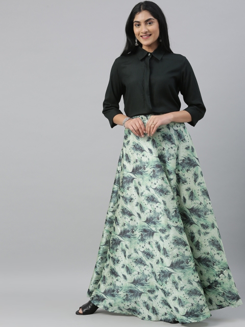 

SIAH Women Green Solid Top with Printed Skirt