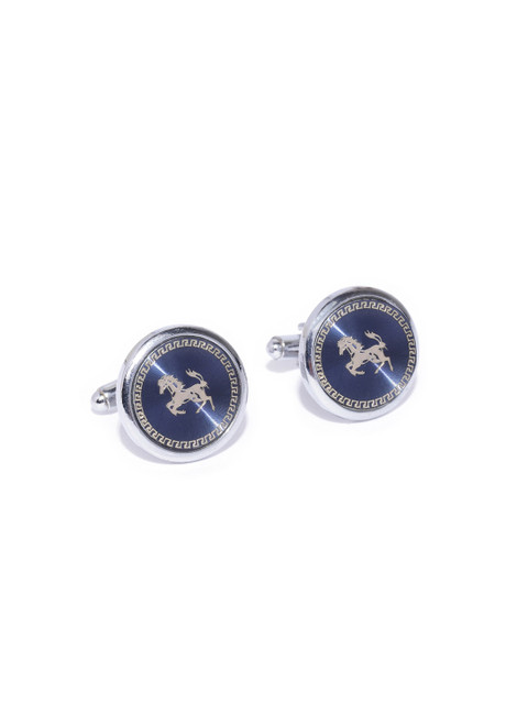 

YouBella Navy Blue & Gold-Toned Silver-Plated Engraved Round Cufflinks