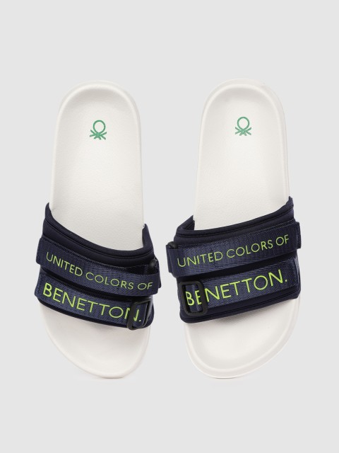 

United Colors of Benetton Men Navy Blue & White Brand Logo Print Sliders